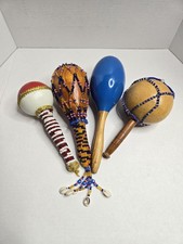 4 Yoruba African Haitian Santaria Beaded Maracas Cowry Shells Red White Blue