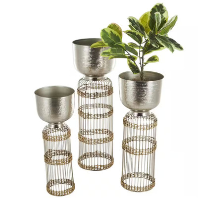 32 In., 27 In. and 24 In. Extra Large Silver Metal Textured Dome Planter with Se