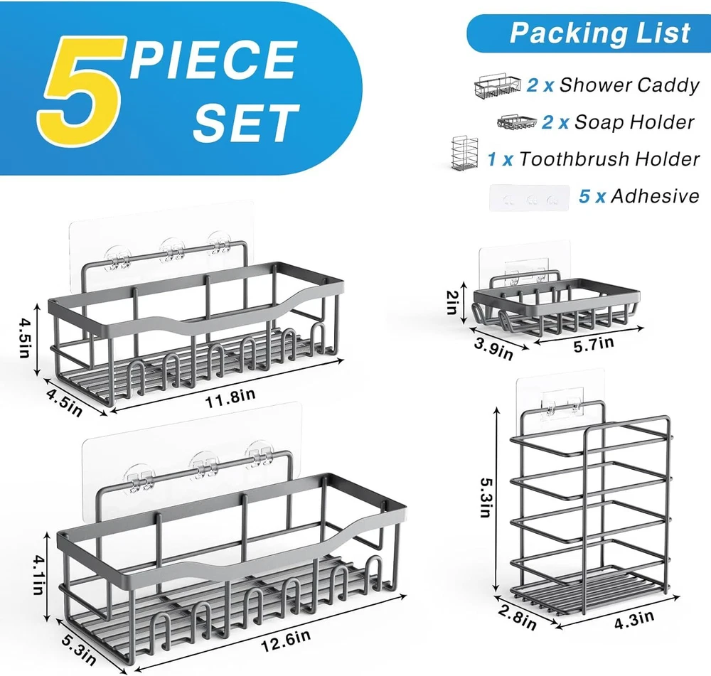 Shower Caddy 5 Pack,Adhesive Organizer for Bathroom Storage&Home Grey