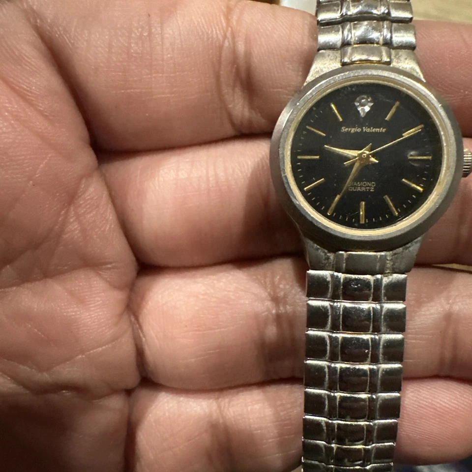 РАБОЧИЙ * ВИНТАЖНЫЙ SERGIO VALENTE женщины подлинный бриллиант часы черный циферблат новый Batt - Изображение 4 из 4