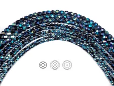 Czech Fire Polished Round Faceted Glass Beads in Jet AB2X double coated, 16" str