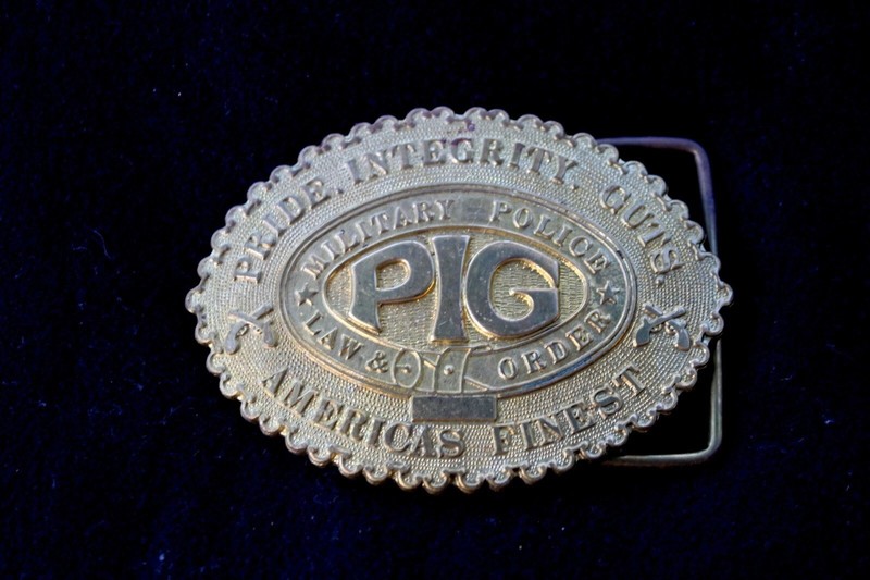 Law & Order Military Police Brass Vtg Belt Buckle Pride Integrity Guts PIG 1968