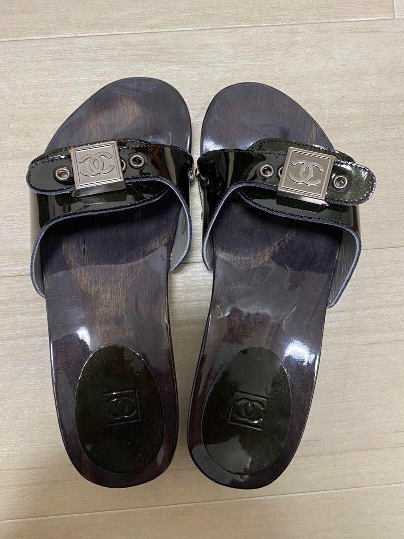 CHANEL 25A ミュール CHANEL COCO MARK Wood Sandals Mules Shoes Women Size EU 36