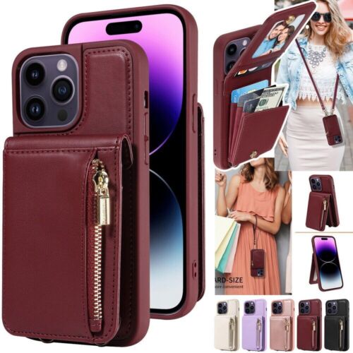 Crossbody Zipper Card Pocket Leather Wallet Phone Holder Case for iPhone Samsung