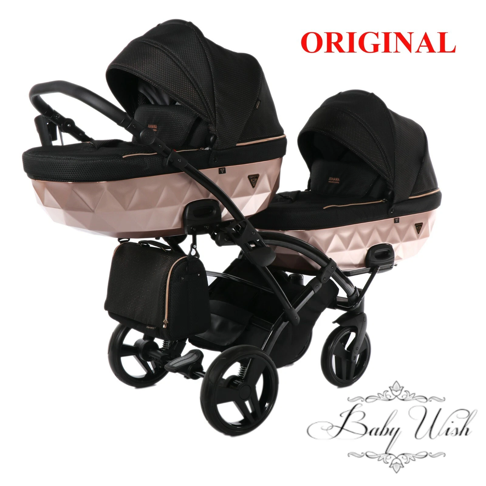 JUNAMA MIRROR SATIN DUO SLIM BABY KIDS STROLLER TWIN PRAM 2in1