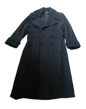 Vintage Halston Wool Pea Trench Coat Women's Size 14 Black Faux Fur Collar