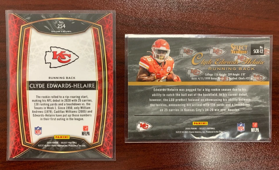 2020 Panini Select Clyde Edwards-Helaire Certified RC #SCR-12 & #254 Chiefs - Image 2 of 2