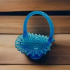 Fenton Colonial Blue Hobnail Glass Basket Ruffled Edge Vintage