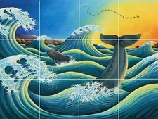 Whales dolphins tropical fish in ocean waves beach ceramic tile mural backsplash