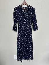 Cabi Dress Womens 6 Dream Midi Sheer Navy Blue Floral 3/4 Sleeve No Liner boho