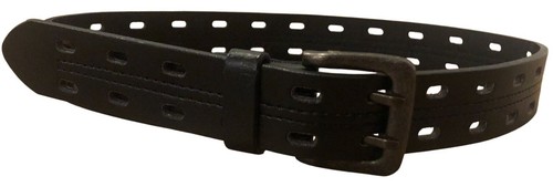 Black Bonded Leather Double Prong Belt With Perforated Design & Metal Buckle 32"