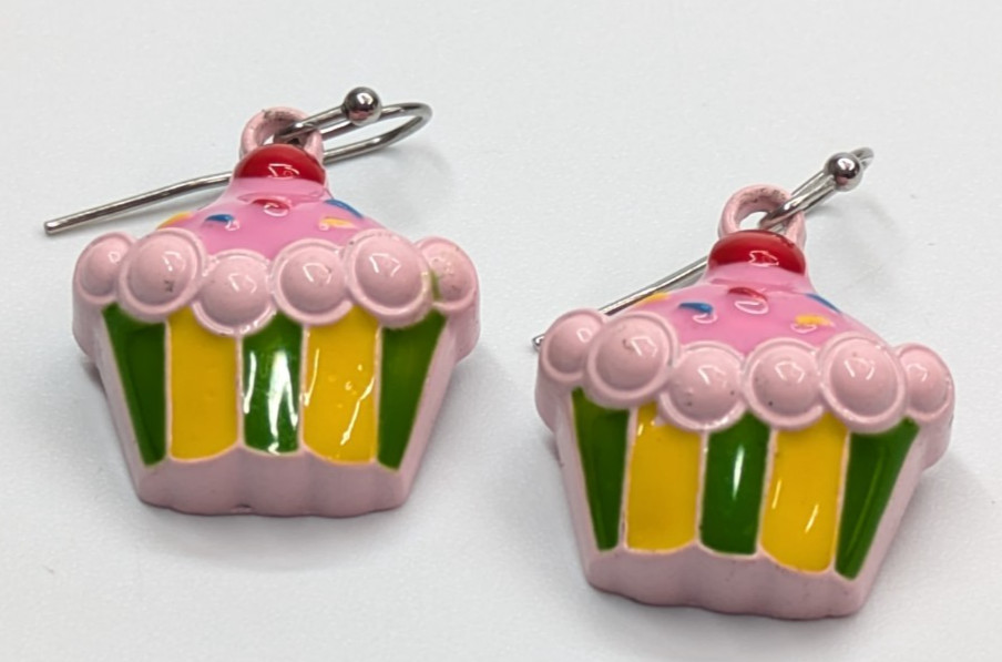 Metal Enamel Pink Frosted Cupcake w/Sprinkles Drop Earrings 1.25" Bakery CUTE! View 2