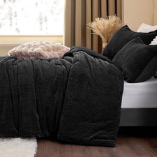 Fluffy Comforter King Set - Furry Black Leaves Pattern Faux Fur Bed Set, Wint...