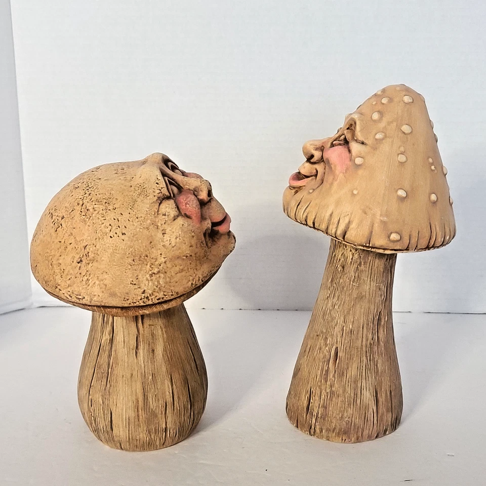 Ceramic Happy Face Mushroom 2 Painted Statues Anthropomorphic Garden Whimsical - Image 2 of 4