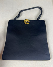 Vintage Black Evening Handbag Gold Tone Floral Jeweled Clasp Top Handle Purse