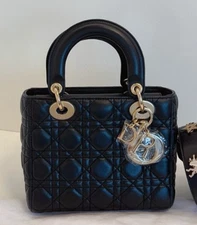 Christian Dior Lady Dior Top Handle Bag Black Gold Used Women Classic Designer