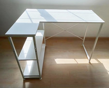 White L-Shaped Corner Desk for Home Office, 2 Shelves, Metal/Wood, Assembly