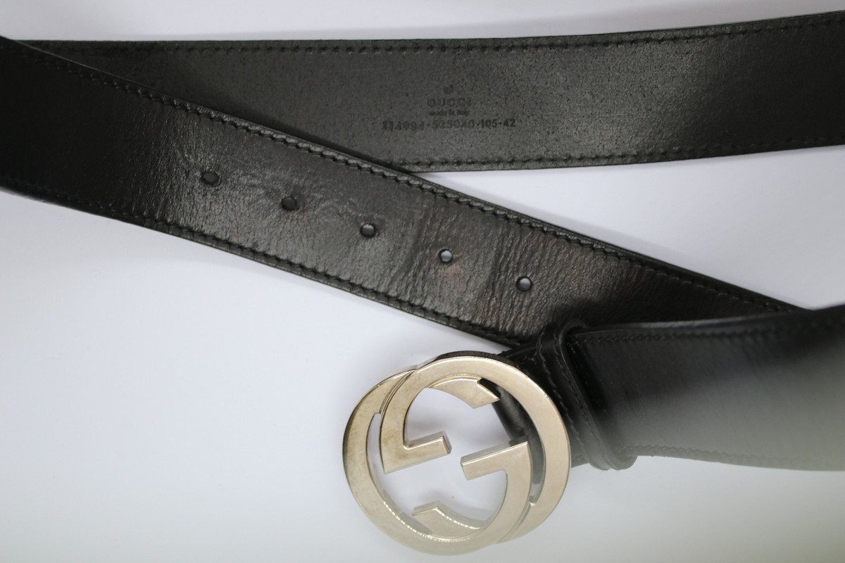 Authentic Gucci Black Silver Belt with Iconic GG Buckle 105•42 Gucci Canvas Web Interlocking G Belt 105 42 Black 1784616  main image 3