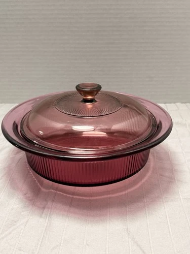Visions Corning Cranberry Ribbed Casserole Pyrex Lid V-31-B 1 Quart 1 Liter VTG.