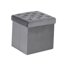  Storage Ottoman Cube, Velvet Tufted Folding Ottomans with Lid, Medium Grey