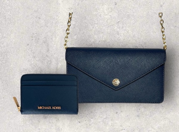 Michael Kors Mk Tasche Crossbody Portmonee Jet Set Travel Blau Navy Leder Neu-image