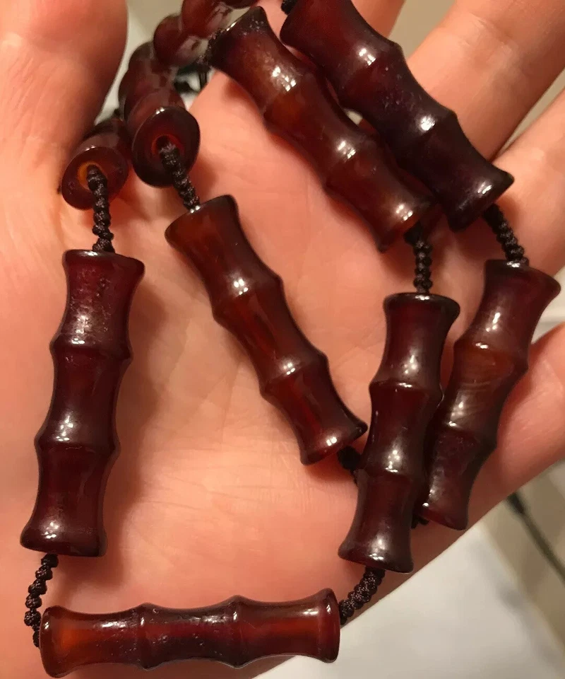 Antiguo collar chino de cuentas largas de bambú tallado de ágata cornalina roja 竹节玛瑙 Foto 3 de 3