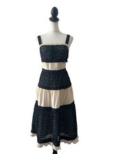 Whistles Black Cream Fit & Flare Dress UK 12 Silk Lace Ruffle Knee Length