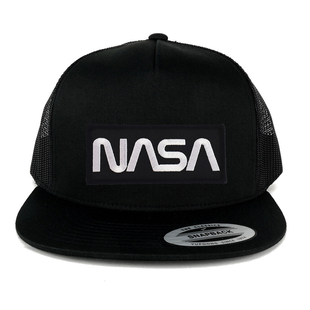 NASA Black White Worm Patch 5 Panel Flat Bill Trucker Mesh C