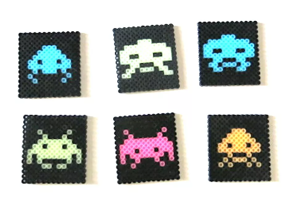 Perler Beads Set of 6 Glow in the Dark Spacer Invaders Coasters