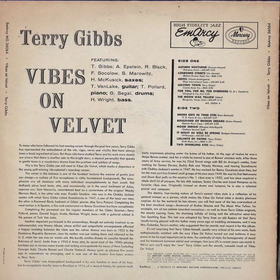 TERRY GIBBS vibes on velvet U.S. EMARCY LP MG-36064_RARE orig 1956 DEEP GROOVE - Image 3 of 3