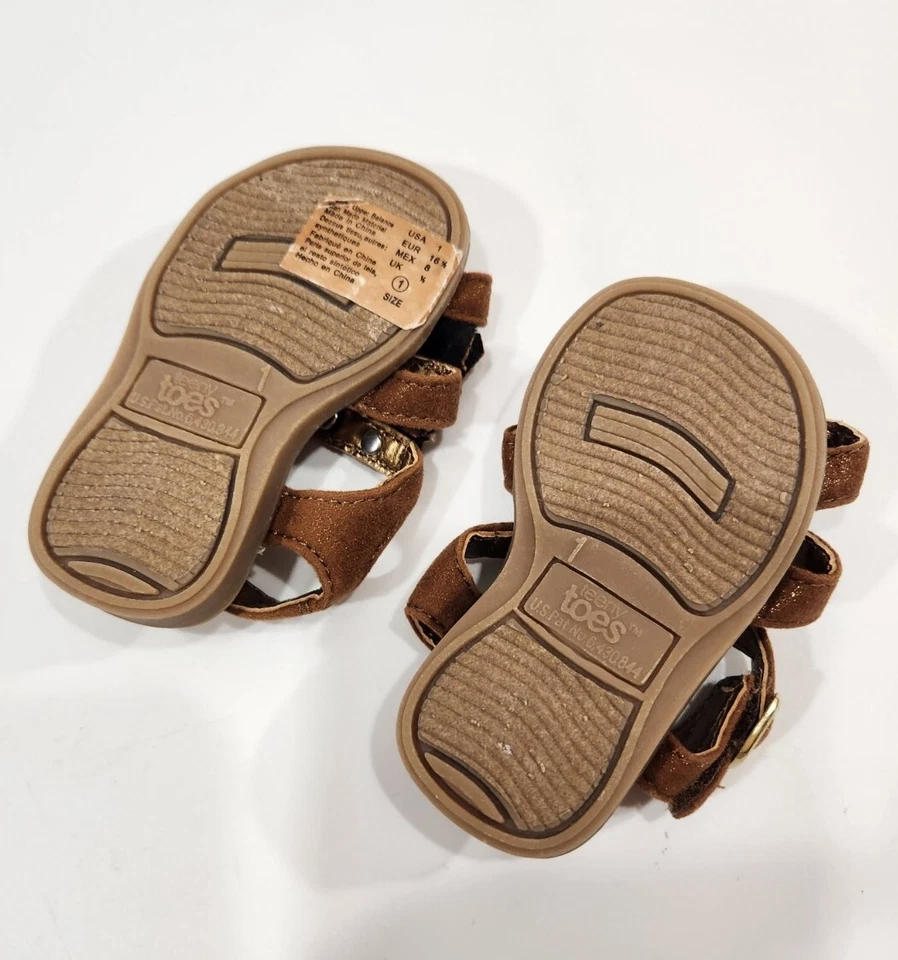 Teeny Toes Golden Brown Shiny Faux Leather Sandals Baby Girl size 1 Fringe  - Image 3 of 4