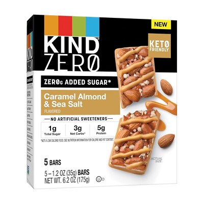 KIND ZERO Added Sugar Bars, Keto Snack, Caramel Almond and Sea Salt, Good Source