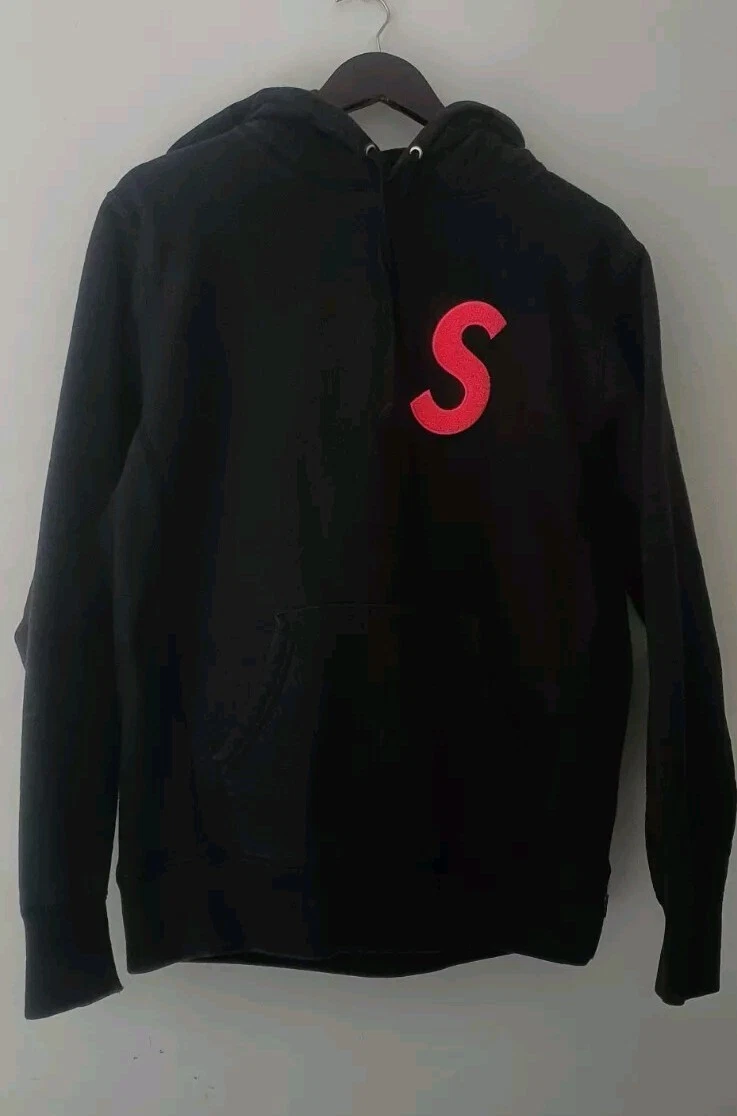 FW19 Supreme S Logo Hooded Sweatshirt Black hoodie M medium Pink Chenille logo