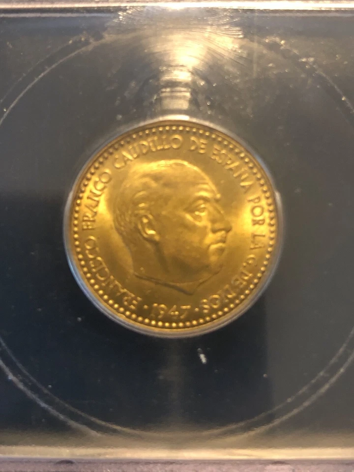 Spain 1 Peseta 1947 (54) MS66 ICG Aluminum-Bronze Coin KM #775 Planchet Flaw - Image 3 of 4