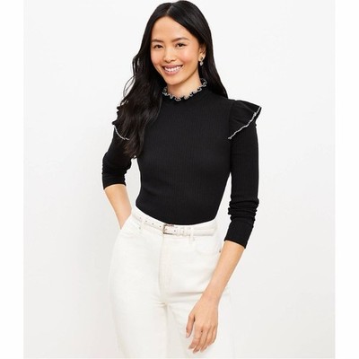 Loft Pointelle Ribbed Ruffle Top Small Petite NWT
