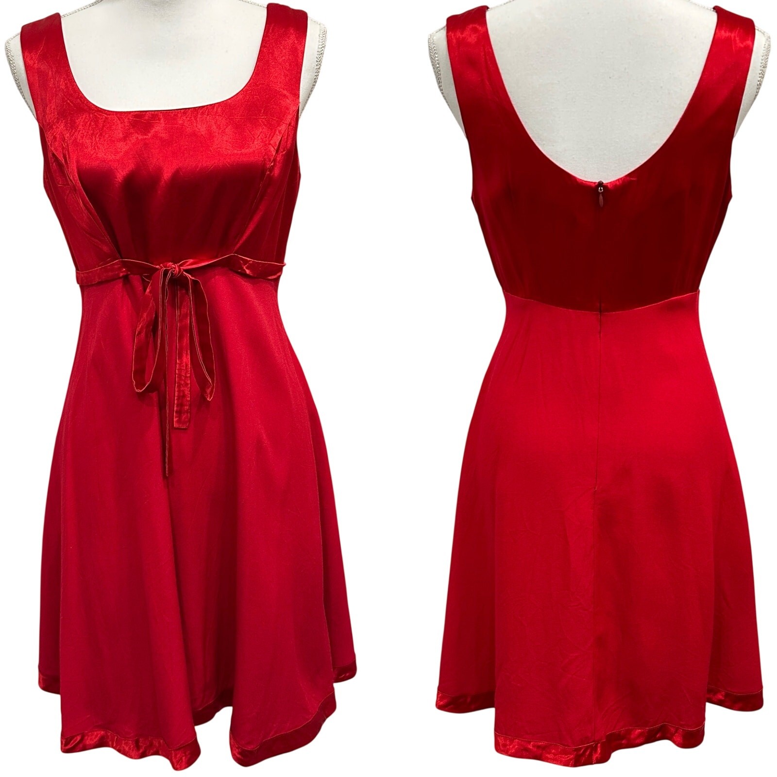 VTG CDC Caren Desirée Company Red Satin Mini Slip Dress Tie Waist Small Coquette