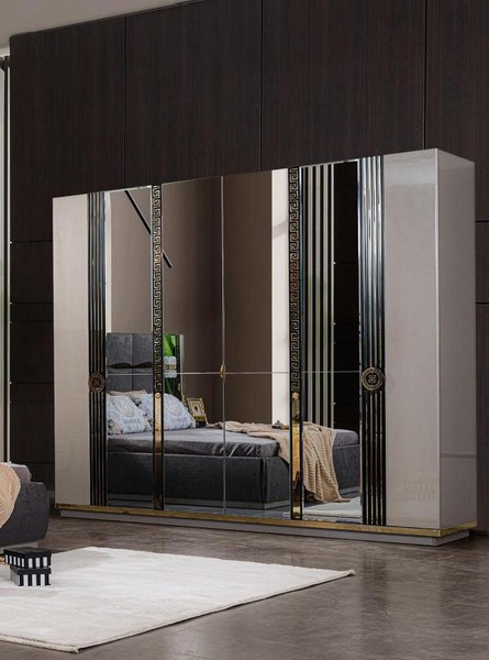 Garderobenschrank Kleiderschrank Moderne Holzschrank Mit Spiegel Grau-image