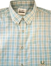 Wrangler Riata Men’s Shirt XL Button Down Teal Plaid Cotton Blend Western Casual