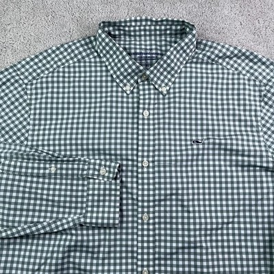 Vineyard Vines Shirt Mens XL Grey Green Gingham Performance Whale Classic Fit