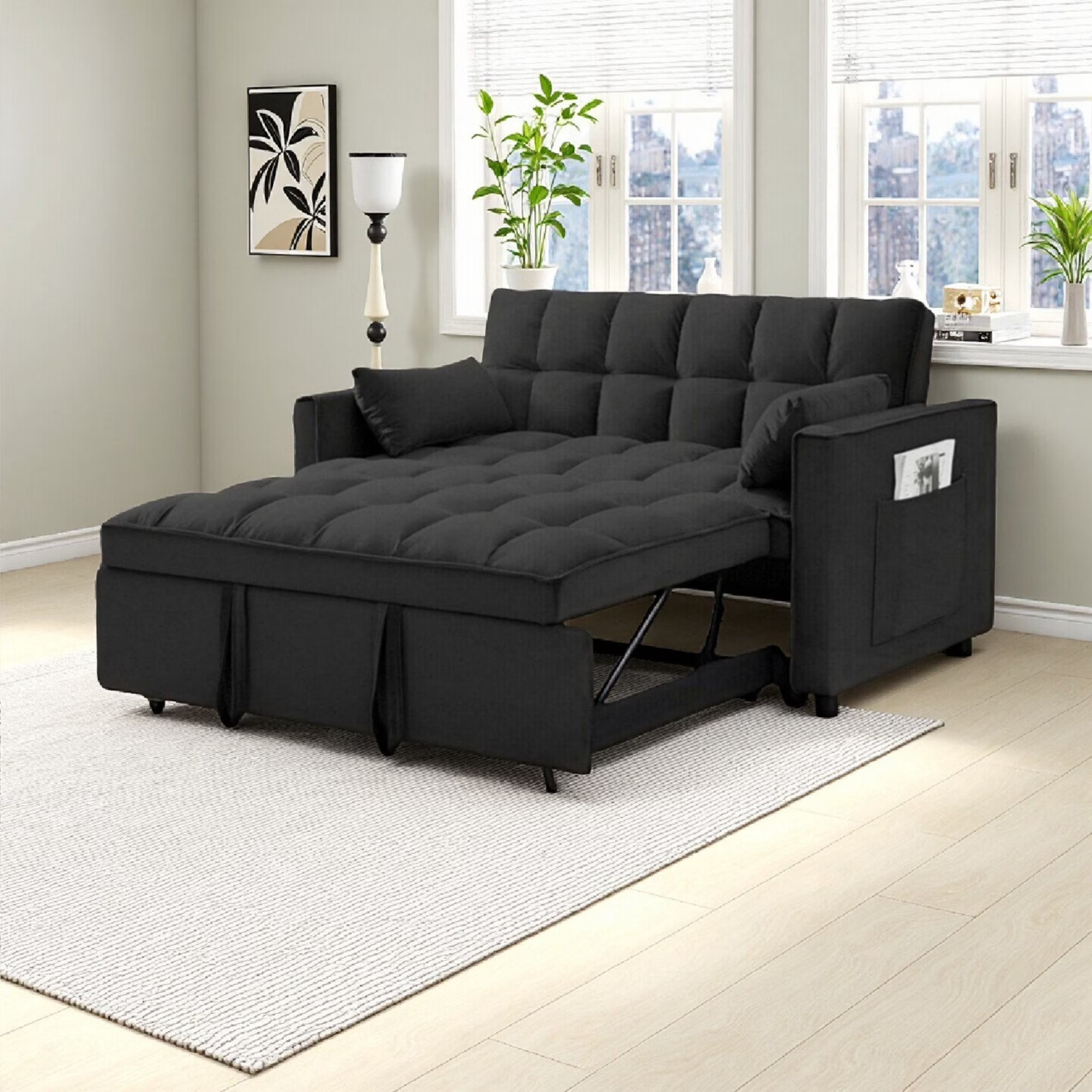 3 in 1 Convertible Sleeper Sofa Bed, Velvet Pull Out Futon C