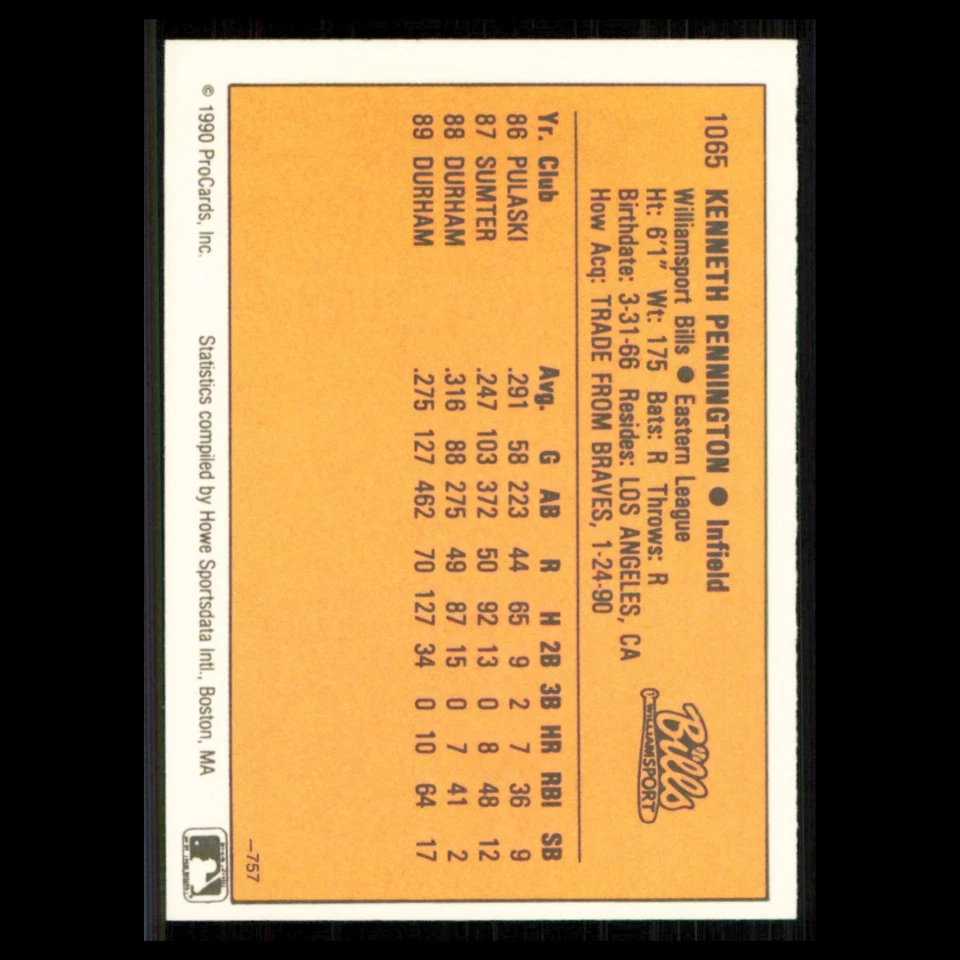 Ken Pennington #1065 1990 ProCards Williamsport Bills Baseball Card MLB NM - Image 2 of 3