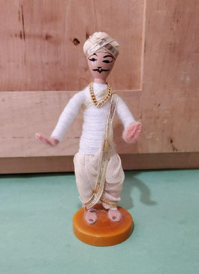 Vtg Handcrafted Male Thread wrapped Eastern Indian Doll w/gold Folk Art 5'' stand