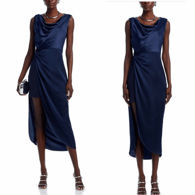 Cinq A Sept Paige Silk Midi Dress Side High Split Hem Drape Cowl Neck 00 Navy