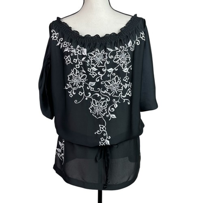 #ad White House Black Market Tunic Top Size Medium Black Embroidered Off Shoulder $24.99