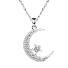 925 Sterling Silver Moon Necklace Cubic Zirconia Crescent Moon Star Phase Pen...