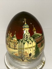 Hand Painted Wooden Egg 360 Degree City Scape Signed Russian Lacquer 4.75  High