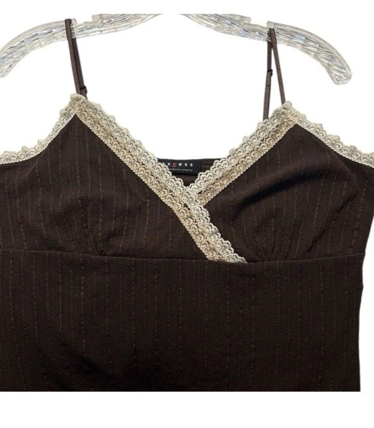 Vintage Y2K Chocolate Brown Babydoll Tank Top Lace Trim Mesh Lettuce Trim Grunge - Image 3 of 4