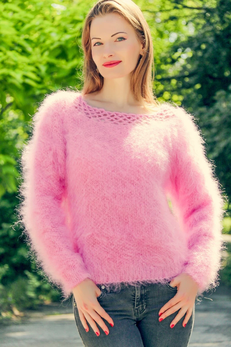 Pink mohair sweater lace top summer fuzzy designer hand knit blouse  SUPERTANYA | eBay