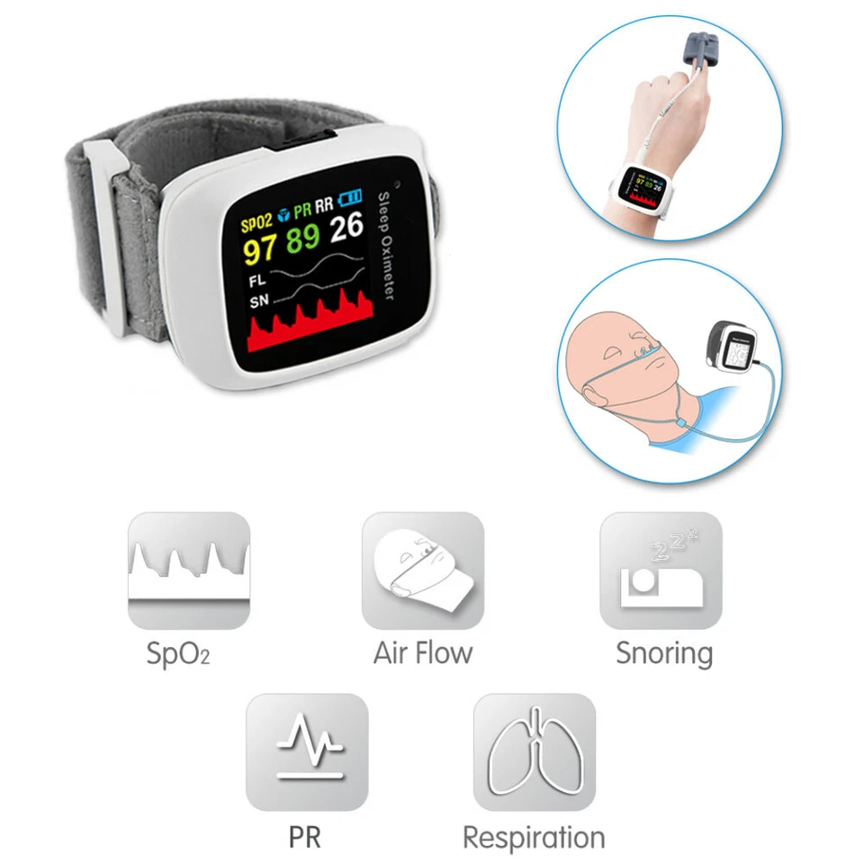 Oxímetro de pulso de muñeca con alarma monitor de flujo de aire oronasal reloj protector de sueño Foto 3 de 4