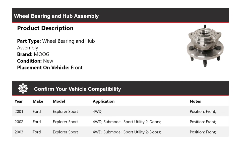 适用于 2001 - 2003 年福特 Explorer Sport 4WD 轮轴承和轮毂组件前 MOOG — 第 2/4 张图片